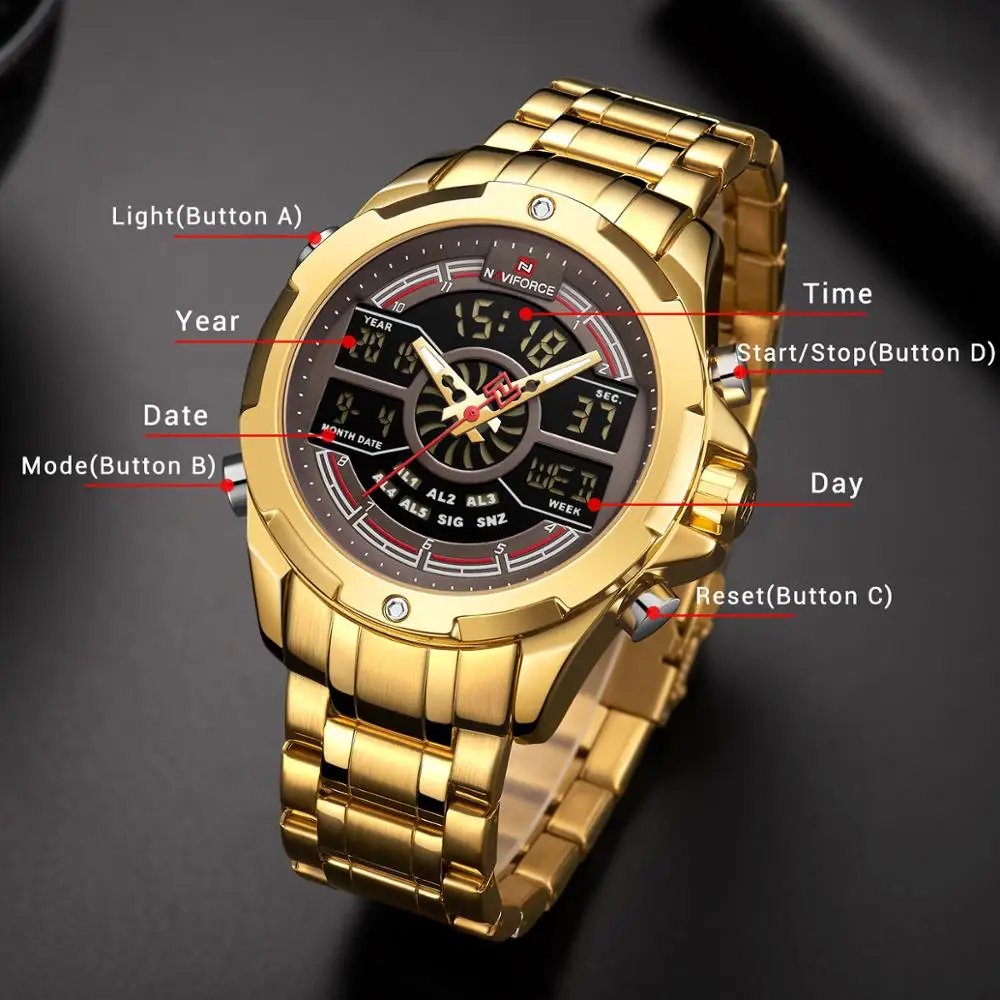 NAVIFORCE orologi a cifre multifunzionali da uomo orologio da polso al quarzo impermeabile in acciaio inossidabile dorato di lusso orologio sportivo