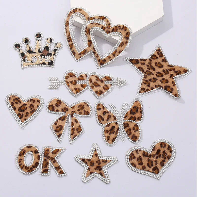 10 Pcs Leopard Print Heart Star Letter Bow Sequin Applique Embroidered Patches for Clothing Hot Fix Butterfly Iron on Patch