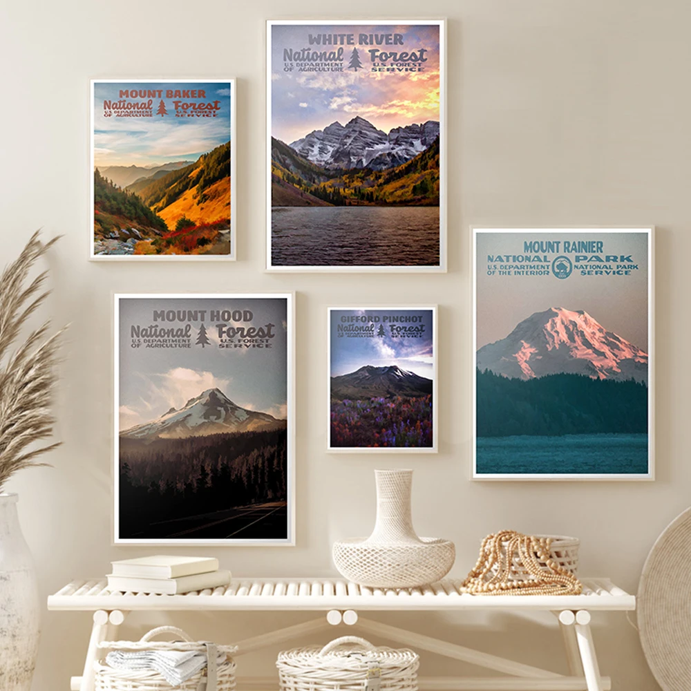 Mount Rainier National Park, Mount Hood Forest Print, White River Painting Vintage Wall Art Travel Poster Wall Home Decor