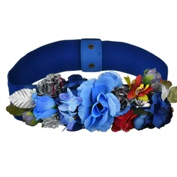 Women's Widened Waist Blue Belt With Artificial Flowers Girdle Party  Accessories