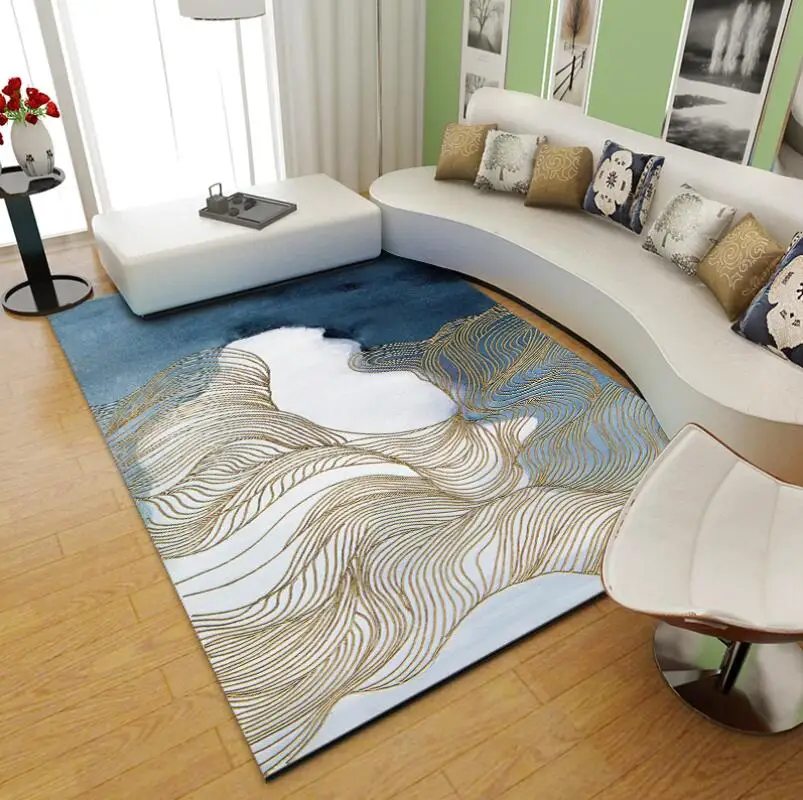 Modern Nordic Abstract Ink Marble Blue Carpets for Bedroom Home Kids Room Decor Geometric Area Rug Bedside Floor Mat Tapis