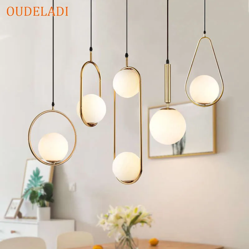 Nordic Glass Ball Pendant Lights Vintage Hoop Gold Modern Hanging Lamp for Living Room Home Loft Industrial Decor Luminaire