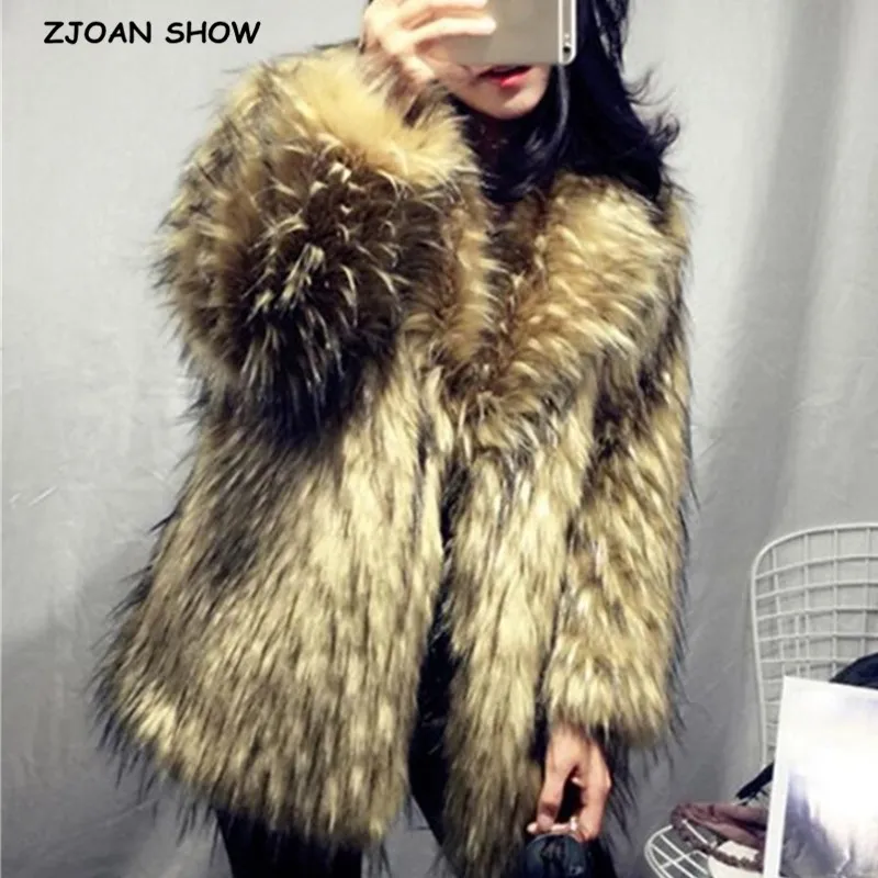 Winter Turn down Collar Lapel Hairy Shaggy Soft Faux Fur Coat Green Women Long Sleeve Furry Fur Warm Jacket Short Outerwear