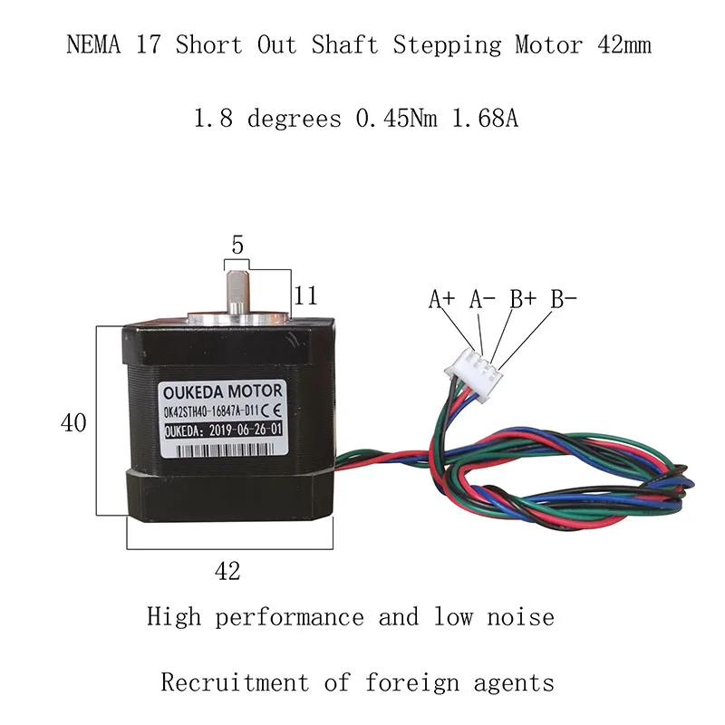 42BYGH40 NEMA 17 2-phase Short Shaft length 11 Stepping Motor 42mm 1.8 degrees 0.45Nm 1.68A washing flat shaft 42 motor