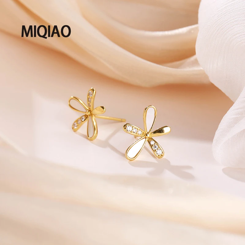 MIQIAO 925 Sterling Silver Gold-color Flower Stud Earrings For Women Zircon Sweet Jewelry Female Hypoallergenic Earrings 2020