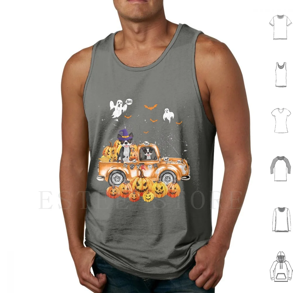 Boston Terrier Dog On Pumpkins Truck Autumn Halloween Tank Tops Vest Cotton Halloween Pumpkins Pumpkins Dogs Boston Terrier