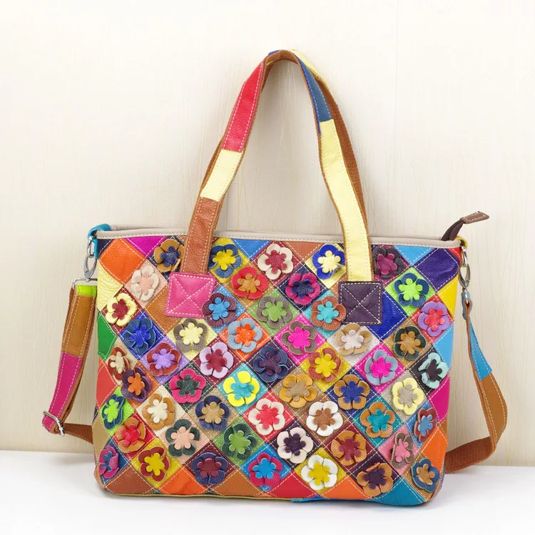 High Quality Real Leather Casual Colorful Design handbag Shoulder bag Women Fashion Flower Color Block Tote bag 668