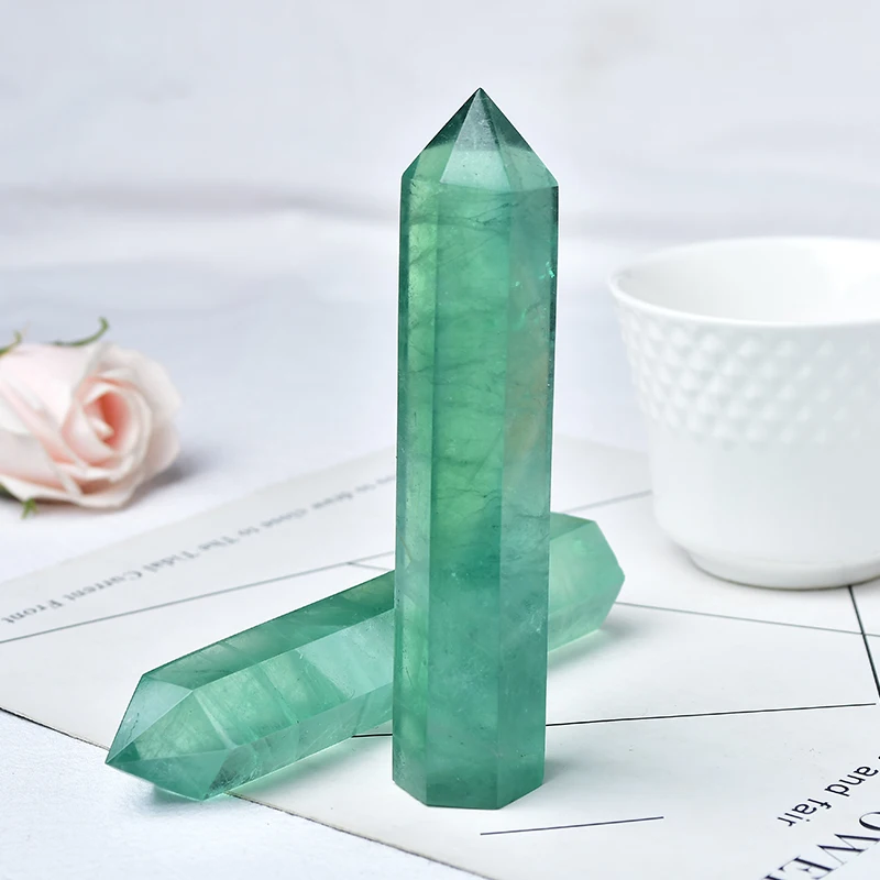 110-130mm Natural Crystal Point Green Fluorite Healing Stone Obelisk Quartz Wand Ornament for Home Decor Energy Stone Tower