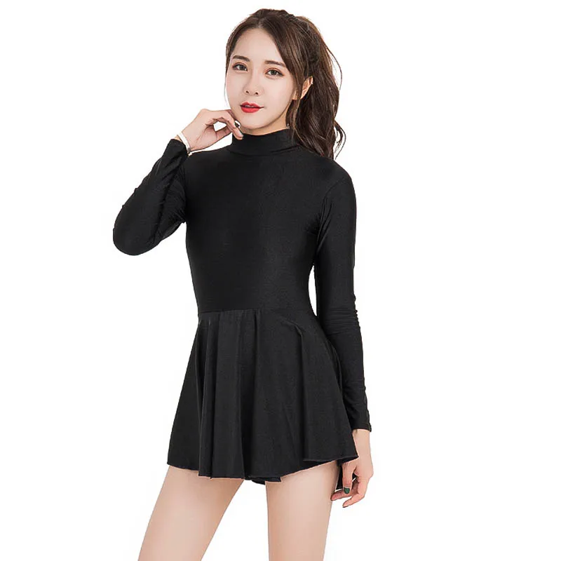 New!Adult One-piece Ballet Dress For Women Spandex Leotards Long Sleeve Ballerinas Dancing Bodysuit With Skirt Costumes Female