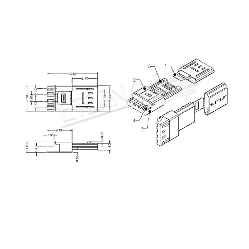 MINI Android USB 2.0 V8 Type B Micro Male Flat Feet 5PIN After 4PIN Welding Straight Vertical Connector Needle Welding Wire DIY