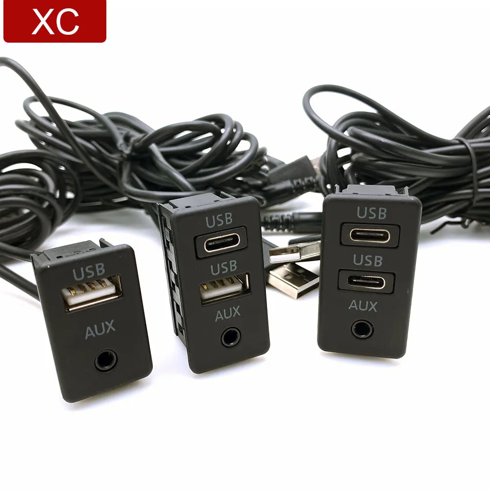 Przedłużacz samochodowy DIY Dash Flush Mount 3.5mm AUX USB Type C Port Switch Panel Cable Adapter dla Volkswagen Toyota Mitsubishi