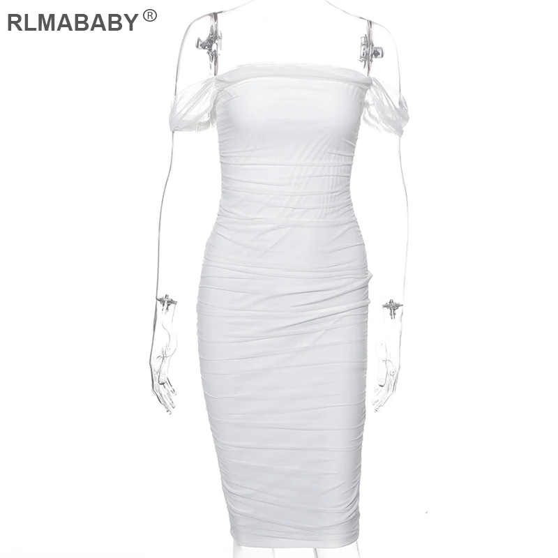 RLMABABY Sexy Strapless Plissado Branco Vestido Ocasional Das Mulheres Fora Do Ombro Bodycon Vestido Branco Dupla Camada Ruched Vestido Clube Do Partido