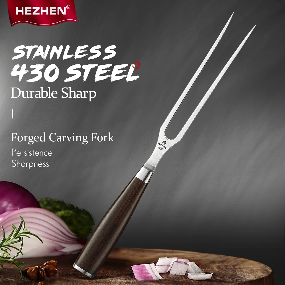 HEZHEN Stainless Steel Meat Fork Outdoor Harpoon Barbecue Tool Forged Carving Fork Two Tooth  Ebony Handle Gift Box