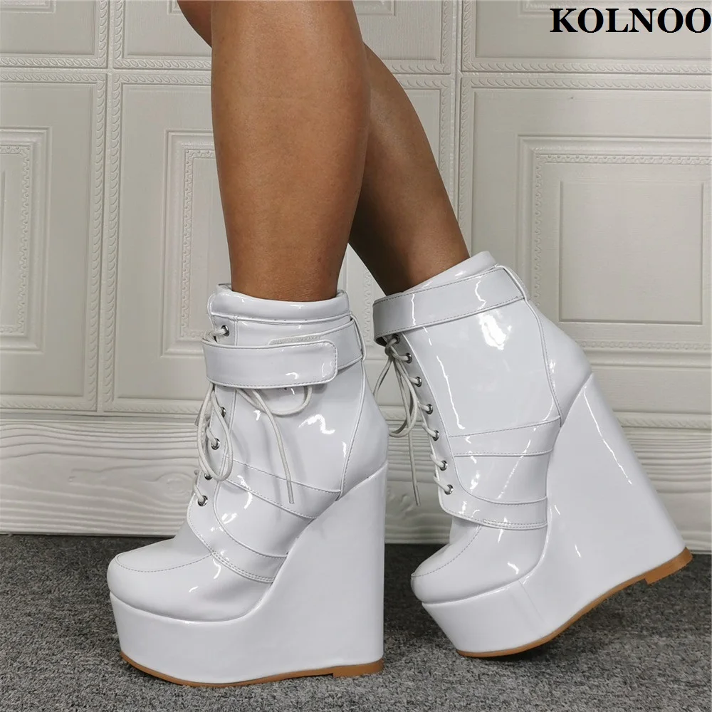 Kolnoo Handmade New Ladies Wedge Heel Boots Crisscross Lace-up Sexy Platform Real Picture Ankle Boots Fashion Winter White Shoes