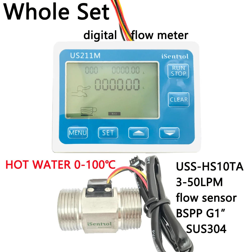 

HOT Water US211M Digital Water Flow Meter with SUS304 Stainless Steel G1" 3-50L/min USS-HS10TA Hall Water Flow Sensor Reader