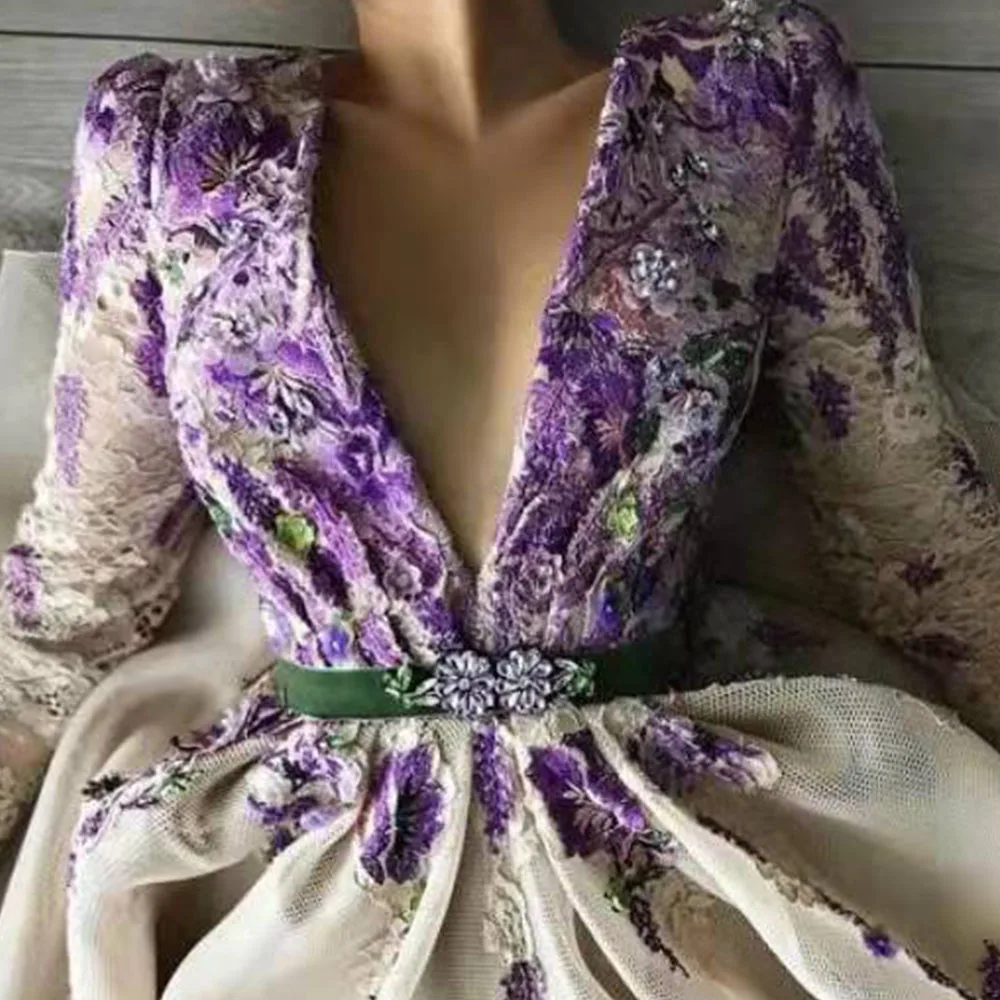 Purple Applique Lace Tulle Prom Dresses Deep V Neck Belt Wedding Evening Gown A-line Floor Length vestidos de fiesta فساتين السه