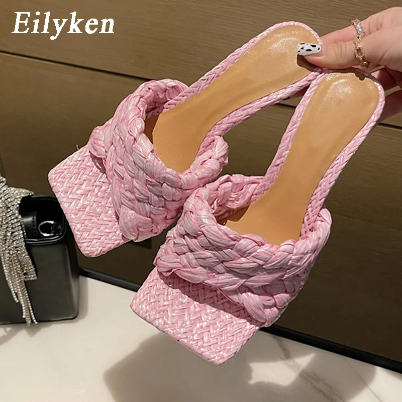 Eilyken 2024 New Summer Slipper Fashion Weave Slides Ladies Elegant Thin High Heel Outdoor Women Sandals Shoes Plus Size 40