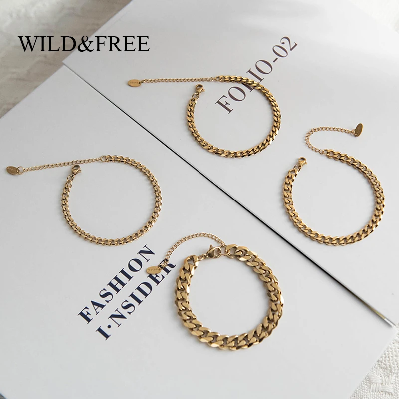 Wild & Free Classic Curb Cuban Chain Bracelets For Women Miami Thick Link Gold Plated Bracelets Bangles Stainless Steel Jewelry