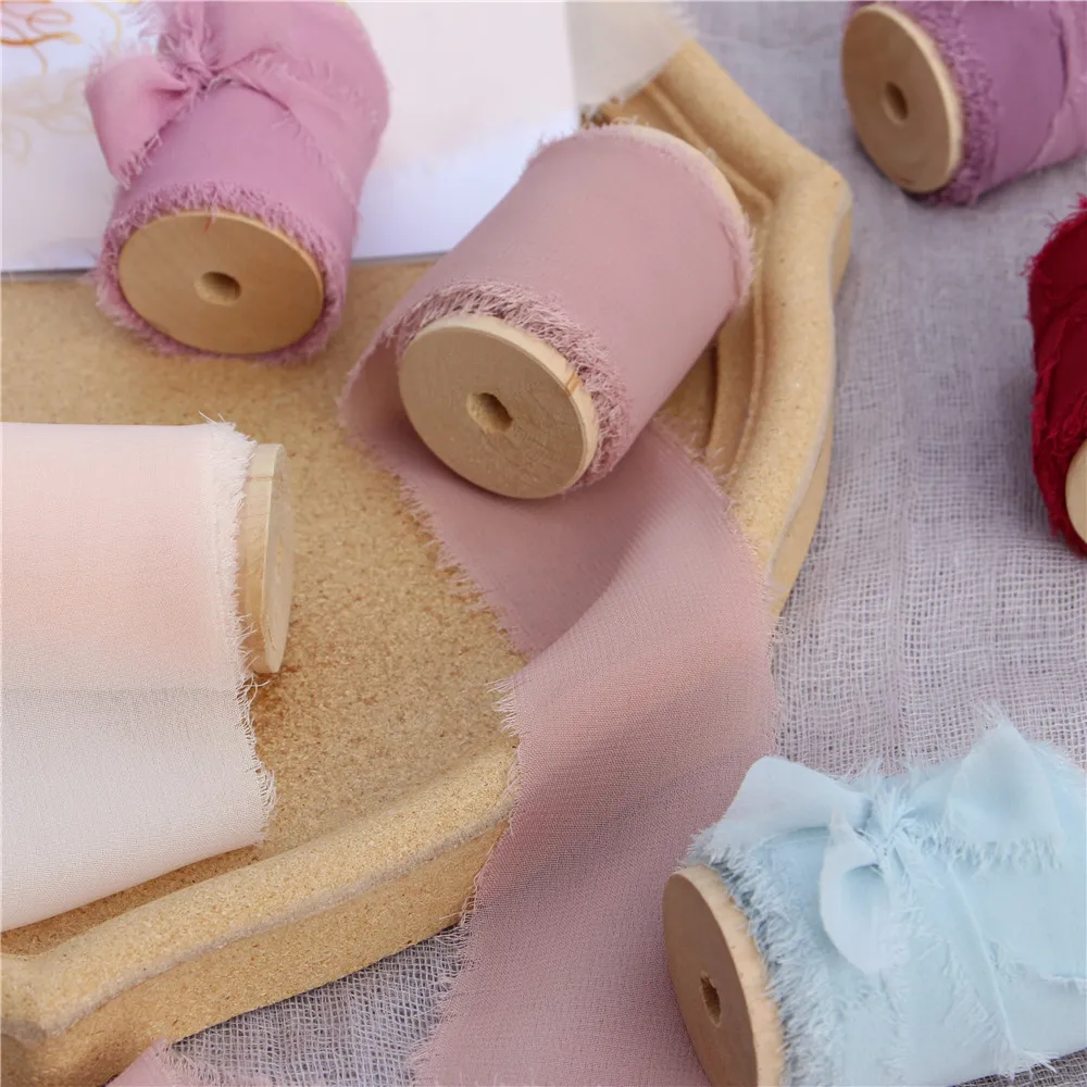 6cmx1.45m Handmade Frayed Edged Chiffon Silk Ribbon for Wedding Invitation Bouquets Sheer Fringe Ribbon Craft Flatlay