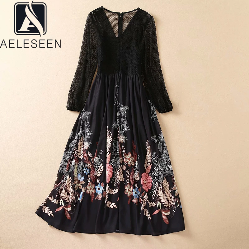 

AELESEEN Runway Fashion Maxi Long Dress For Women Lantern Sleeve V-Neck Colorful Flower Print Hollow Out Elegant Party Dress