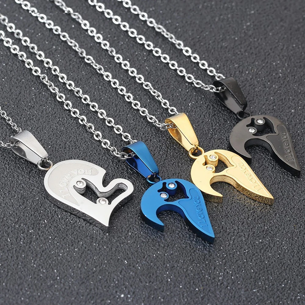 Two Colors Stainless Steel Mens Womens Couple Necklace Pendant Love Heart CZ Puzzle Matching - view 5