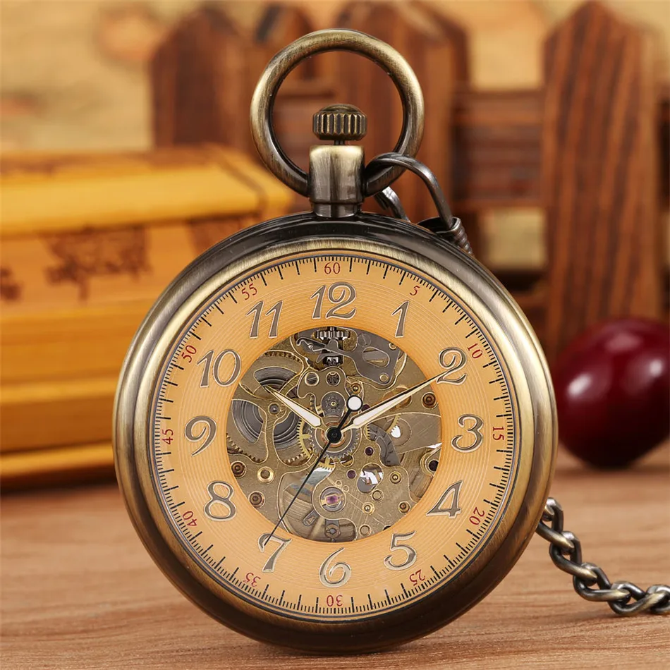 Antique Bronze Mechanical Pocket Watch Automatic Self Winding Retro Open Face Pendant Pocket Clock Gifts Male New Arrival 2021