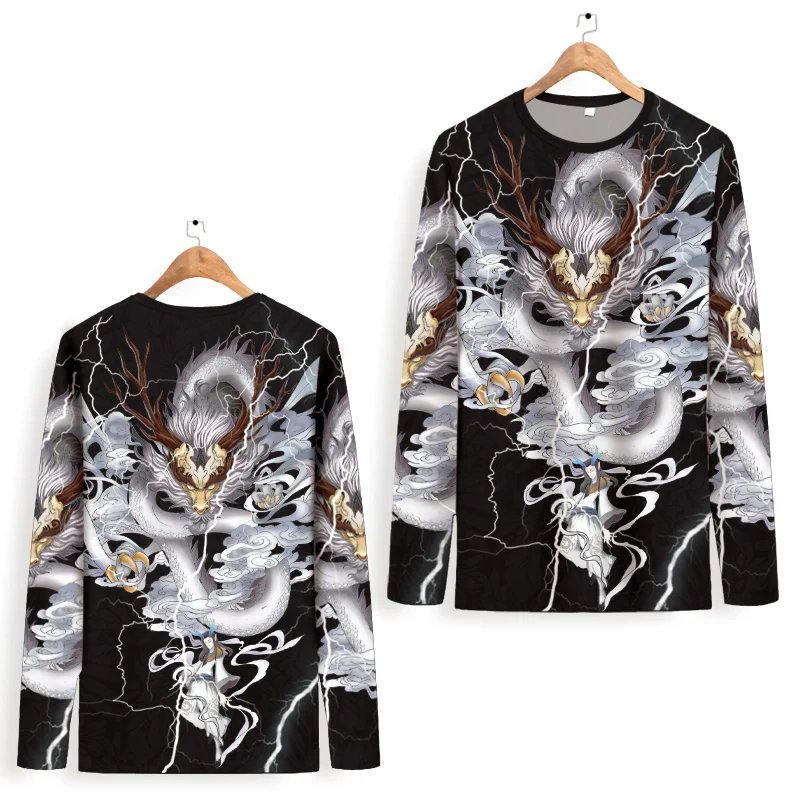 Long-Sleeved T - Shirt Men's Loose Large Size Dragon Pattern Round Neck Shirt Thin Autumn Clothes Chinese Style Bottoming Shirt