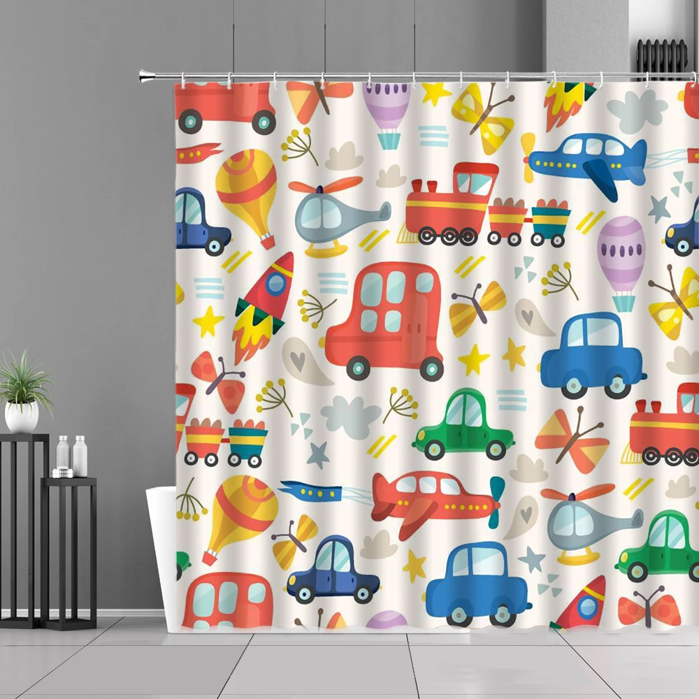 Cartoon Car Shower Curtains Aircraft Ship Color Fun Pattern Bath Curtain Children Room Bathroom Decor Cloth Screen Boy  Gift