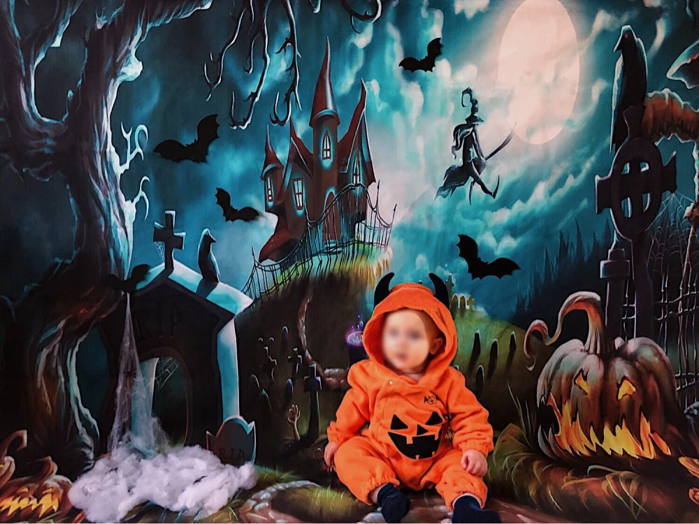 Capisco zdjęcie tło Halloween zamek fotografia tło noc czarownica wrony dynia księżyc cmentarz Cartoon Photostudio rekwizyty