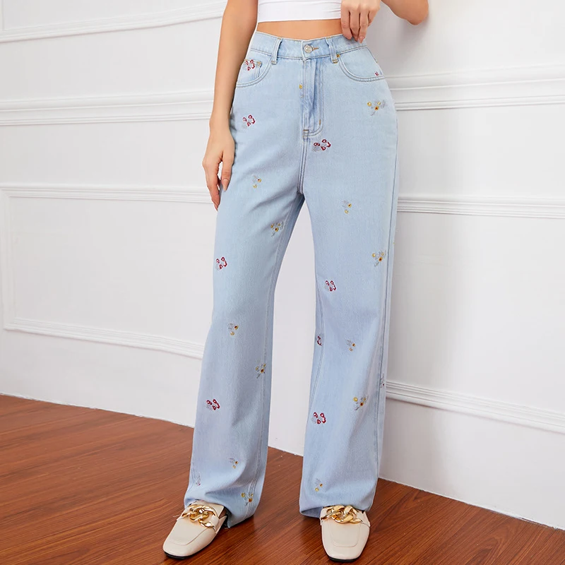

Прямые джинсы, женские модные дизайнерские мешковатые широкие брюки, женские джинсовые брюки с вышивкой, уличная одежда, мода 2025