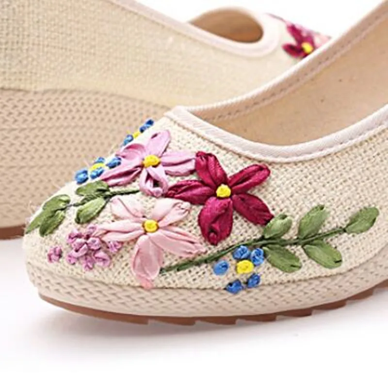 Slip-on Women Cotton Flax Flower Wedge Pumps Round Toe Ethnic High Heel Loafers for Ladies Vintage Dress Shoes Girl Pump Sandals