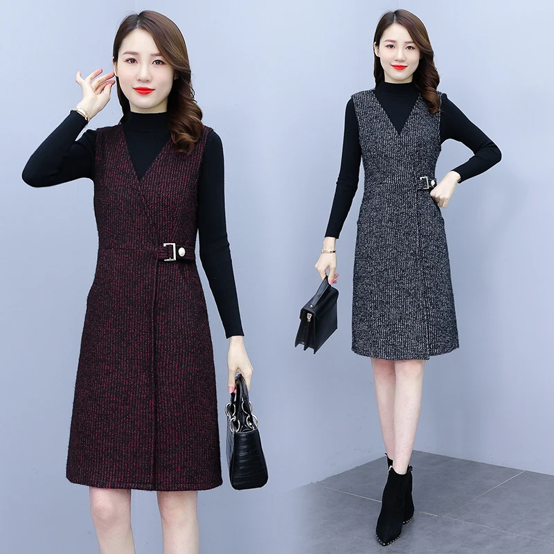 Autumn Winter Black Sweater Vest Dress Sets Women Thick Warm Midi Dress Two-piece Suit 2024 Elegan Bodycon Vintage Party Vestido