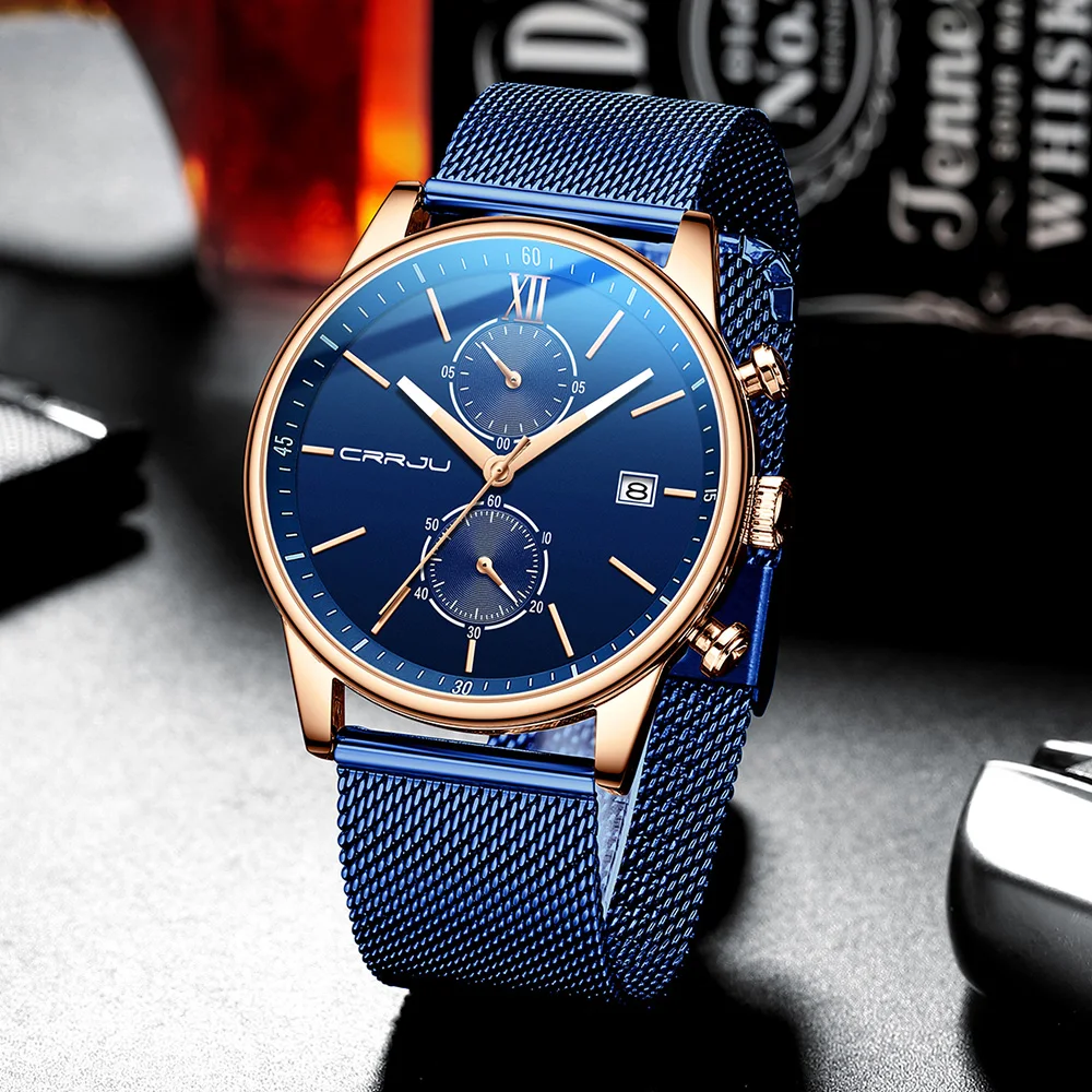 CRRJU Watch Men Luxury Casual orologi da polso al quarzo con lancette blu orologio cronografo sportivo orologi da polso in acciaio inossidabile per