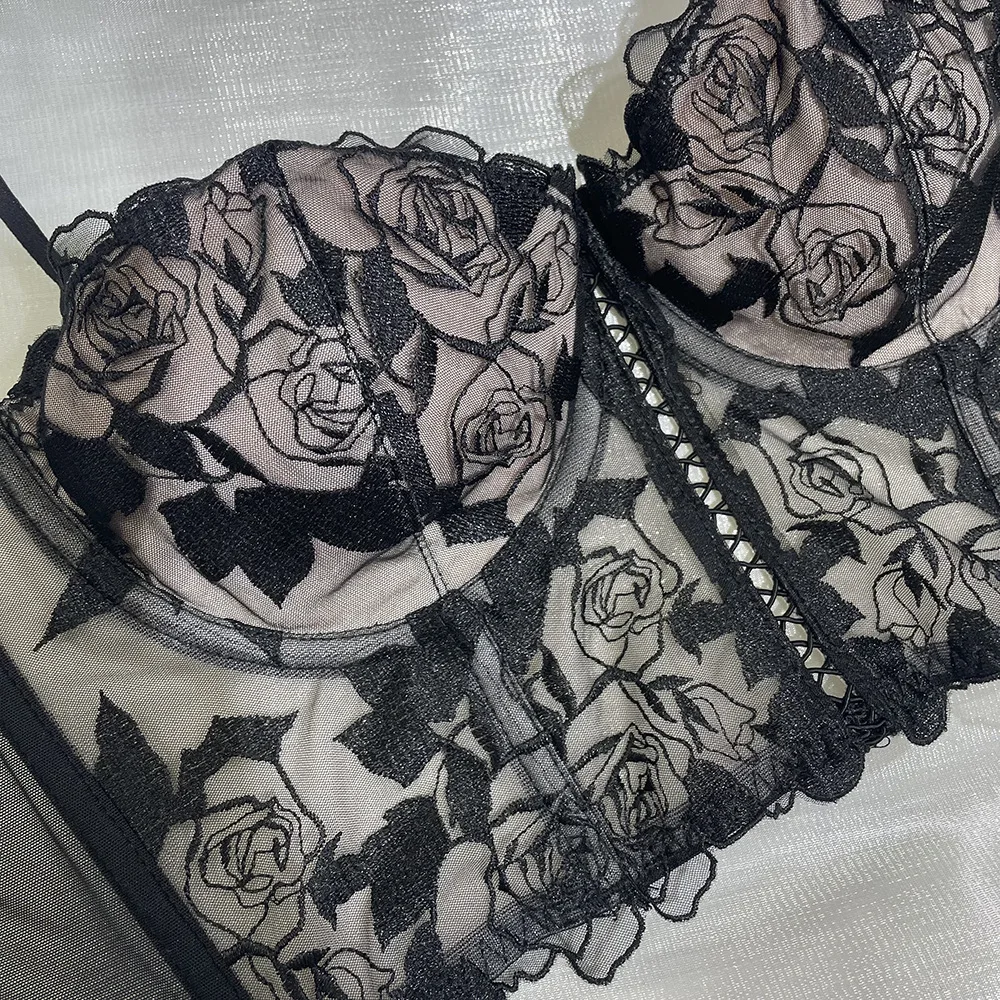 Sexy Rose Embroidered Lingerie Palace Lace Long Bra Set Underwire Push Up Bra Briefs Set Large Size Women Bralette Underwear Set