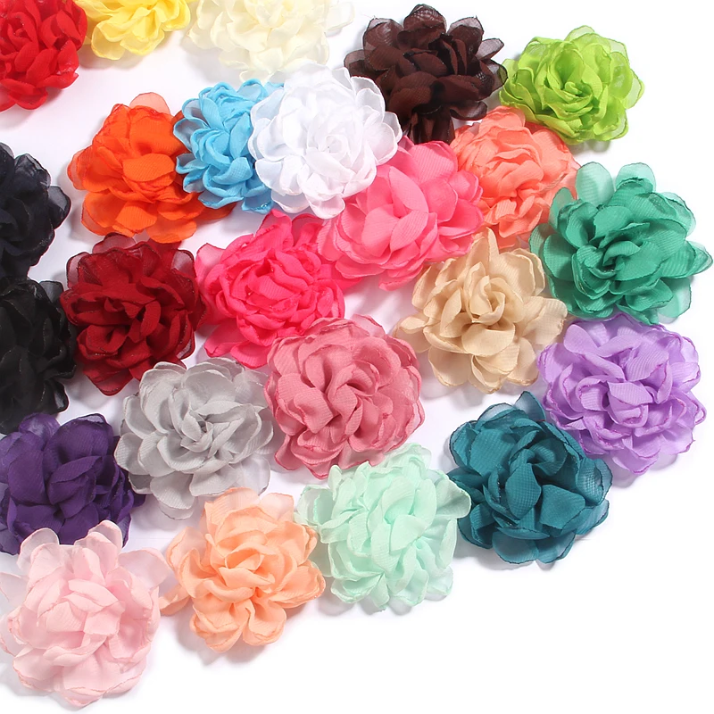 

60Pcs 7cm 2.7" Burn Edge Chiffon Fabric Flowers Boutique For Wedding Decoration Satin Flower For Baby Girls Hair Accessories