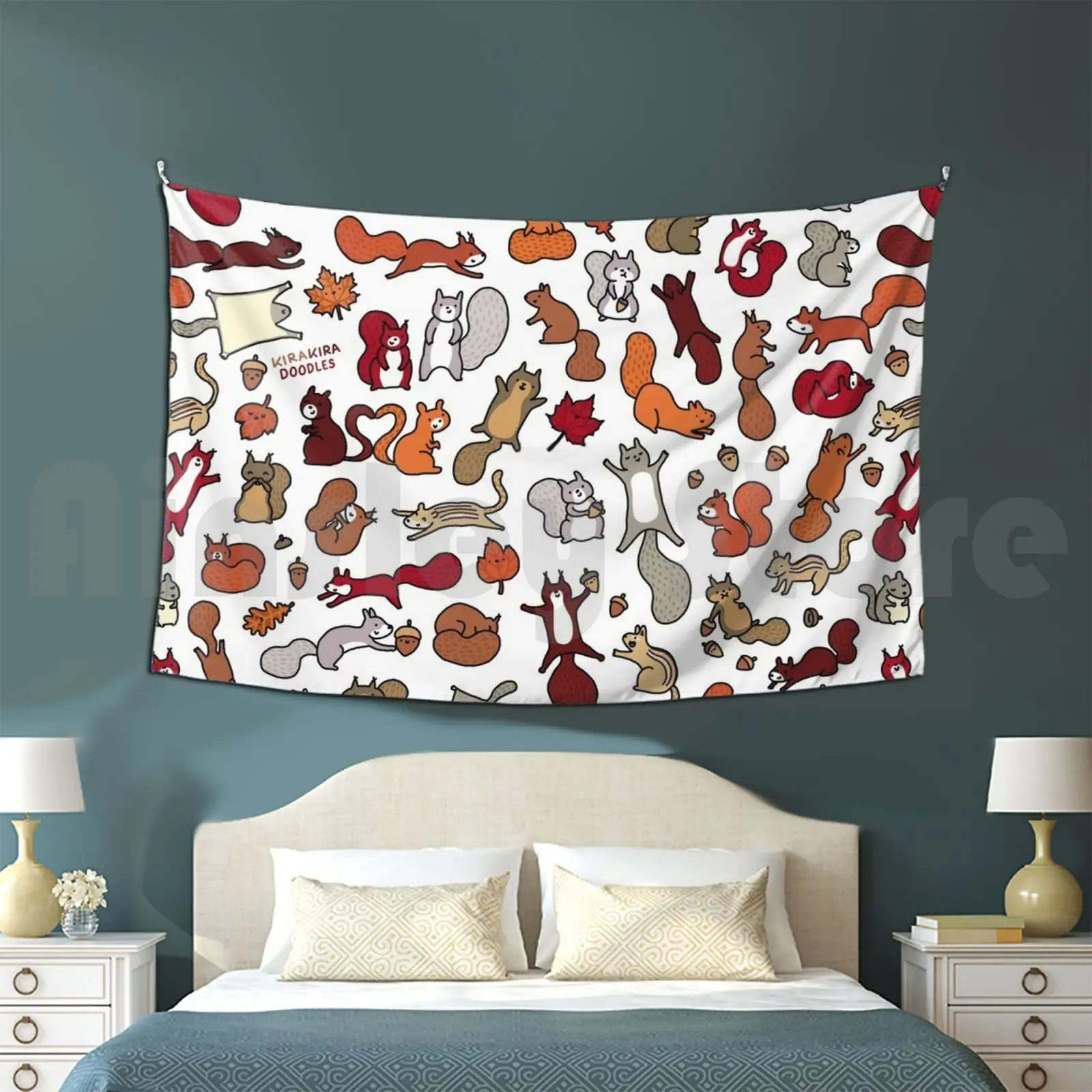 Squirrels In Fall Doodle Tapestry Living Room Bedroom 1335 Kawaii Cute Squirrel Squirrels Doodle Chipmunk Flying