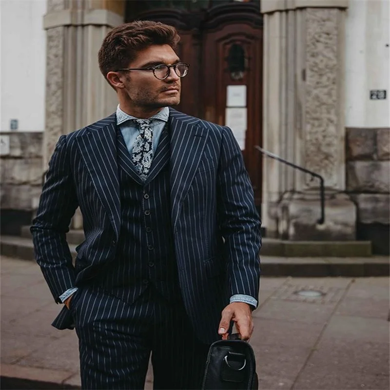 3-piece Gentlemen Cotton Blend Navy Stripe Business Party Blazer Suit Peaked Lapel  Formal Wedding Tuxedos Slim Fit Men Suits