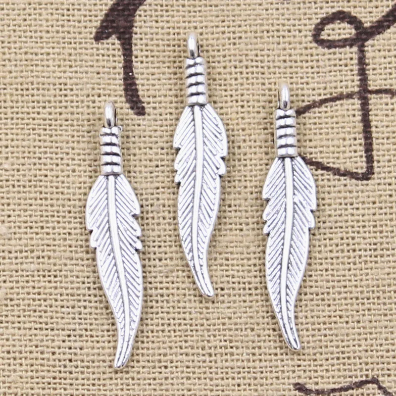 30pcs Charms Double Sided Feather 31x6mm Antique Bronze Silver Color Pendants DIY Craft Making Findings Handmade Tibetan Jewelry