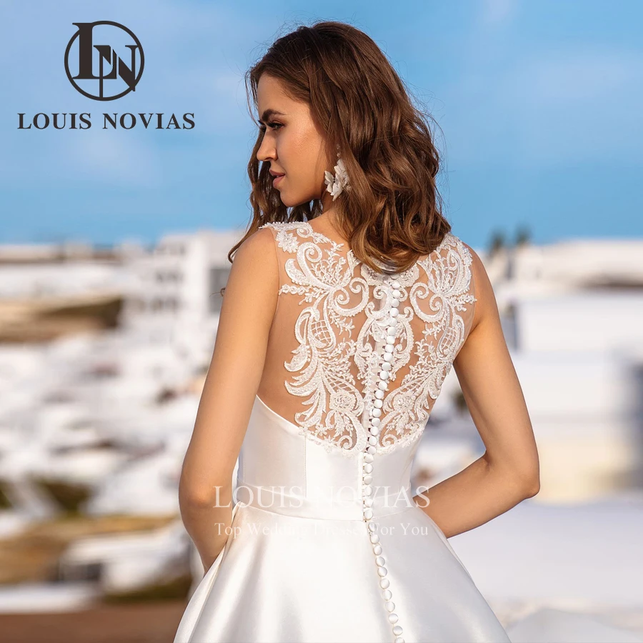 LOUIS NOVIAS Vestidos De Novia De satén para mujer, vestido De Novia Sexy Simple con cuello redondo y mangas, vestido De Novia bordado, Vestidos De Novia