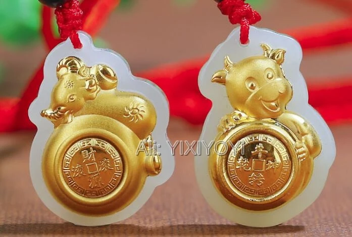 Chinese Handwork Natural White Hetian Jade Solid Gold Inlaid Zodiac Ox Blessing Amulet Pendant Rope Necklace Charm Gift Jewelry