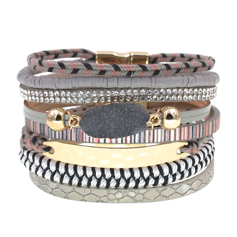 WELLMORE leather bracelets for women bohemia bracelets multilayer wide charm Bracelets & Bangles Female fashion Jewelry