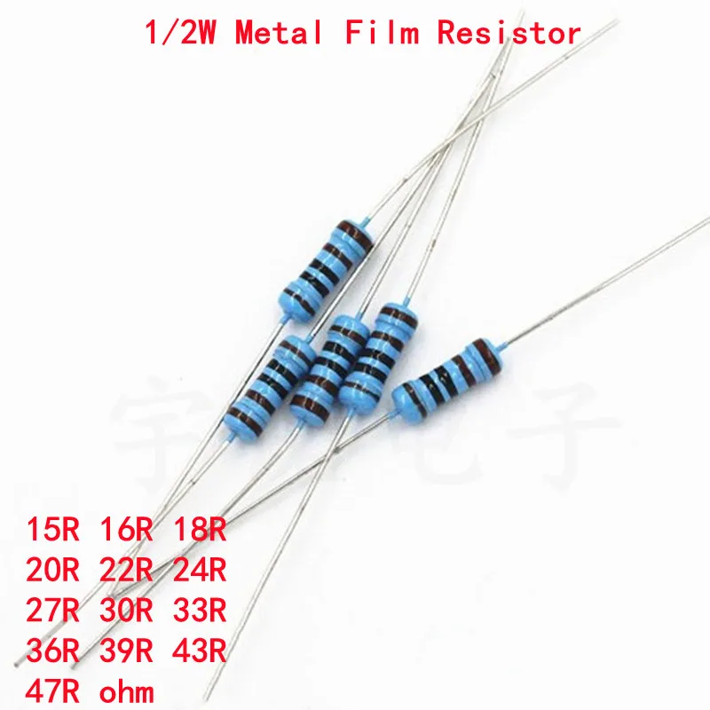 

Металлический пленочный резистор 1% 15R 16R 18R 20R 22R 24R 27R 30R 33R 36R 39R 43R 47R 15 16 18 20 22 24 27 30 33 36 39 43 47 Ом, 50 шт.