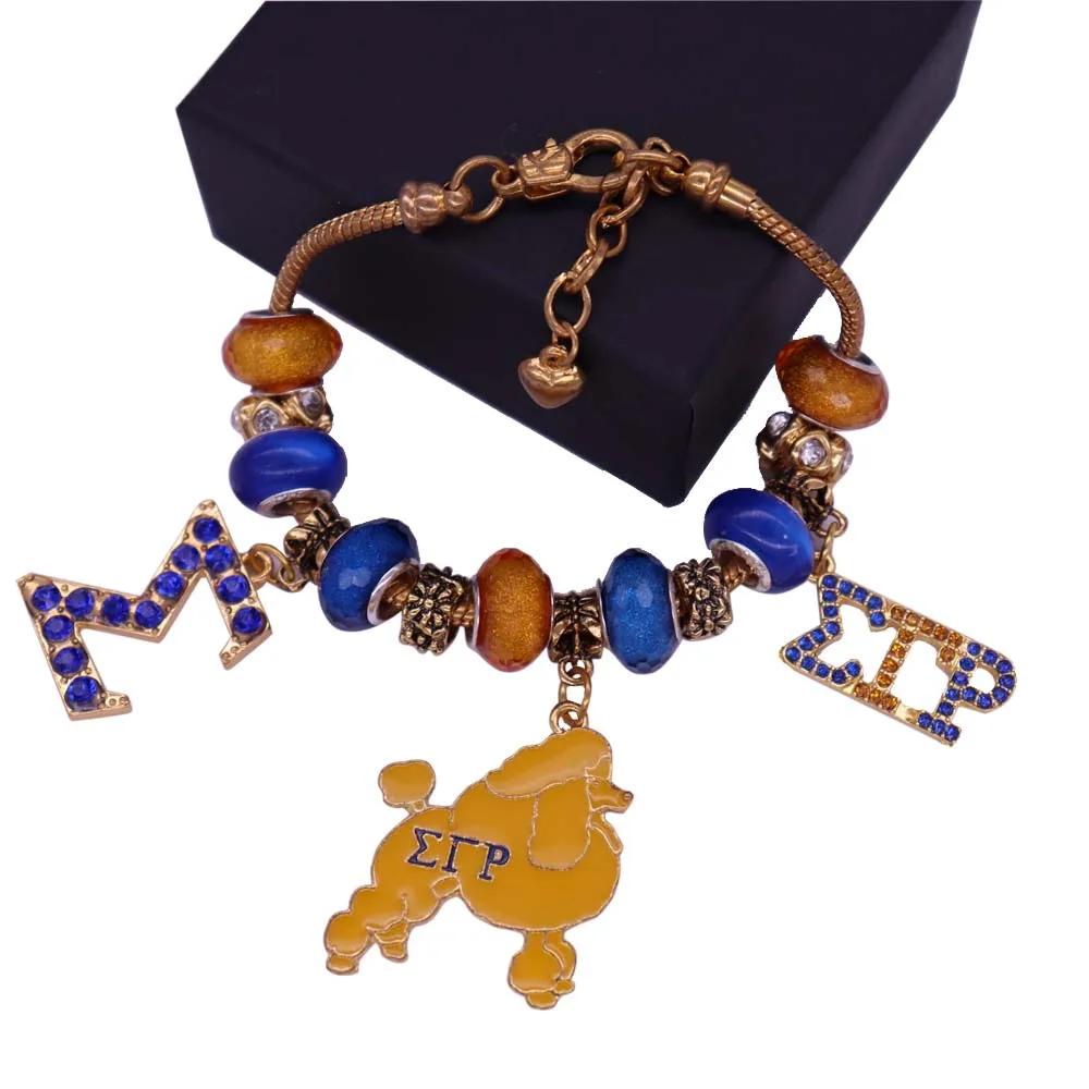 Newest Fashion Organization Jewelry Blue Yellow European Beads Society Sorority Sigma Gamma Rho Poodle Bracelets Golden Color