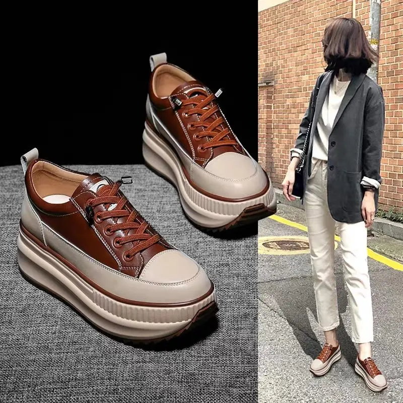 Thick Leather Women's Sports Shoes, 7cm High Vulcanized Casual Women's Shoes, Lace Up, 2023 New Spring and Autumn