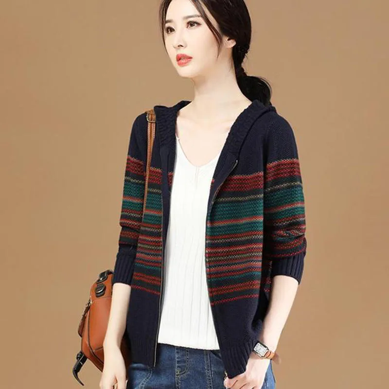 

Retro Striped knitwear Women's Sweater Cardigan Hooded Knitted Jacket Long-Sleeved 2024 New Spring Autumn Coat Female Outerwear