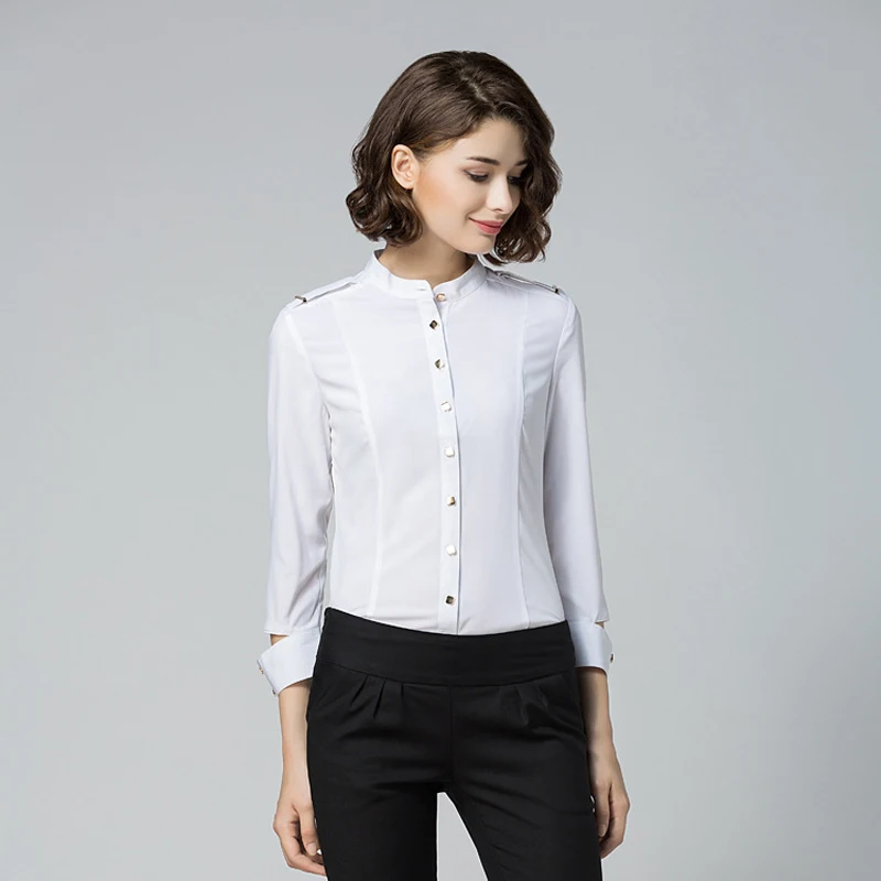 Blusa de oficina inteligente para mujer, camisa de manga corta con cuello levantado y hombros descubiertos, color blanco, 2020