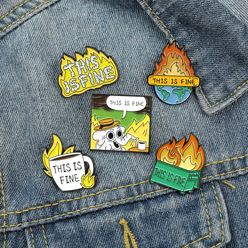Cartoon Dog Coffee Fire Cup Enamel Pin Unique Brooches This Is Fine Lapel Pins Badge Shirt Bag Funny Animal Jewelry Gift For Fan image 6