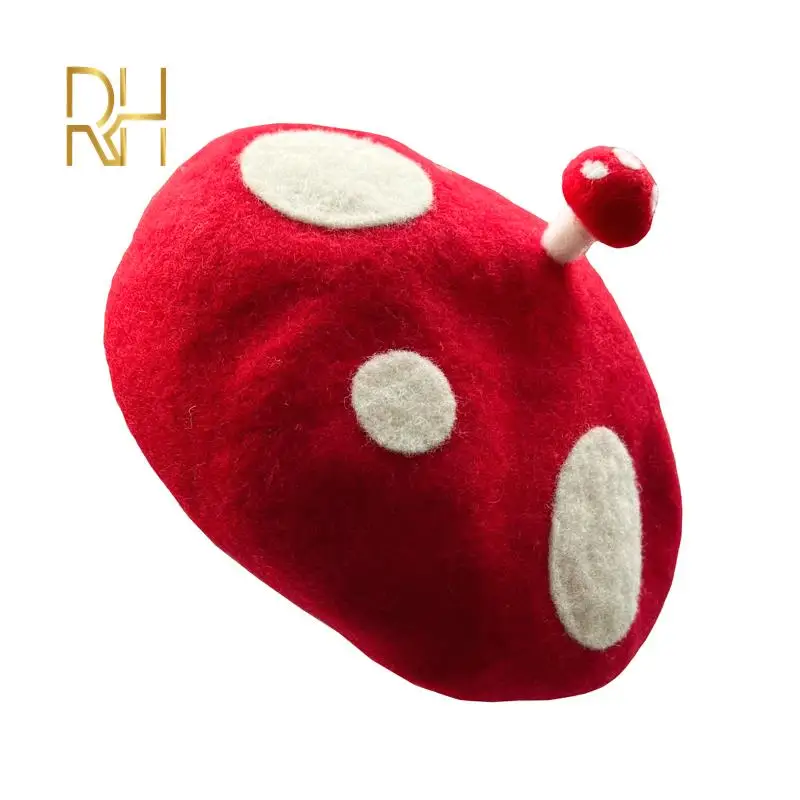 RH Ladies Cute Mushrooms Red Handmade Wool Felt Beret Creative Painter Hat Girls Birthday Gift Warm Cap For Autumn Winter