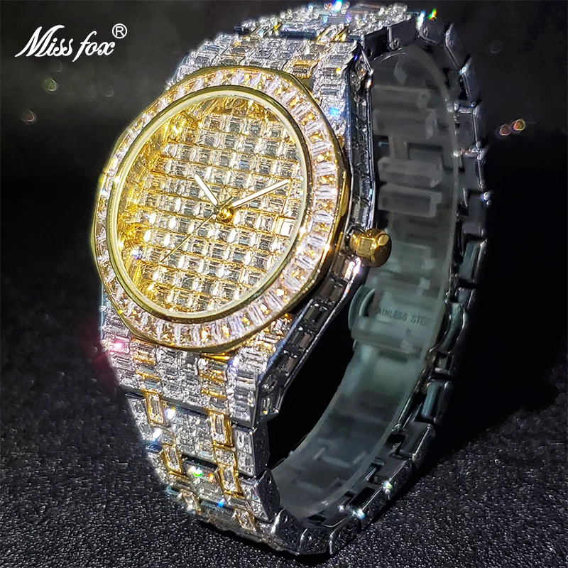 Montre Homme Luxe MISSFOX Luxury Baguette Designer Men\'s Watch With Wide Strap Royal Diamond Dropshipping Hand Clock For Men