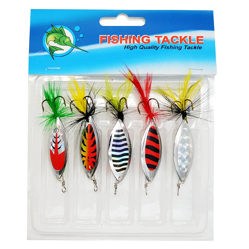 Fishing Lure Spinner Bait Rotation Sequins Metal Spoons Feather Jig Hook Artificial Lures Bass Culter 5 Pieces Set